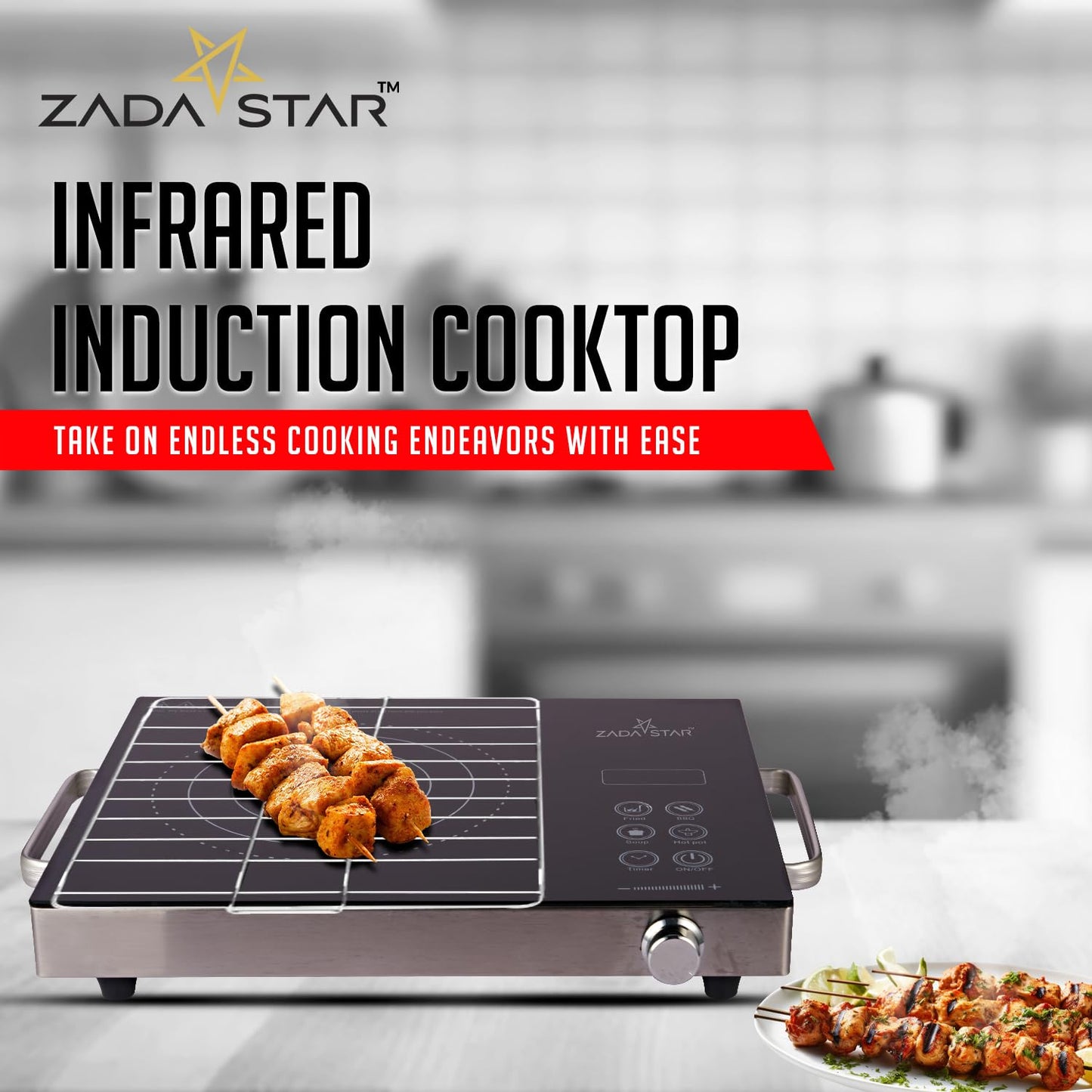 ZADASTAR ZS INFRARED COOKTOP WITH KNOB AND STAINLESS STEEL GRILL | Use All Kinds of Utensils and Dishes | 2200W Power | Cooking Presets | LED Display | 1 YEAR WARRANTY