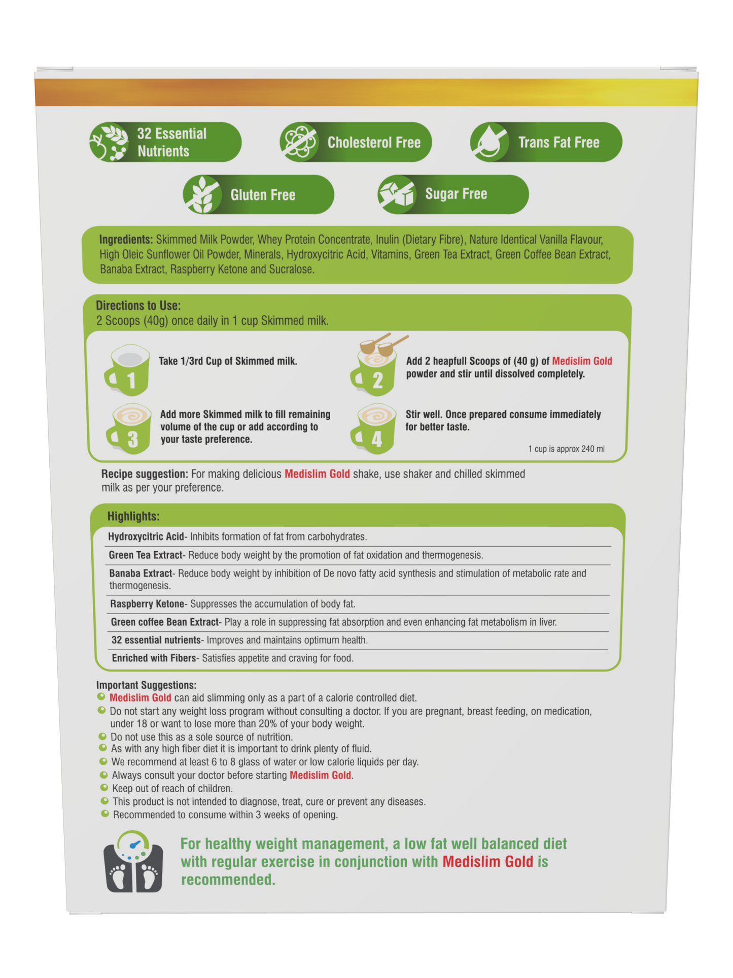 Medislim Gold Meal Replacement Shake For Weight Management - 500 GM - Sugar-free, Cholesterol-free, Zero Trans-fat, Gluten-free Drink with (Goodness of Garcinia Cambogia, Raspberry, Ketone) - BRITISH BIOLOGICALS.