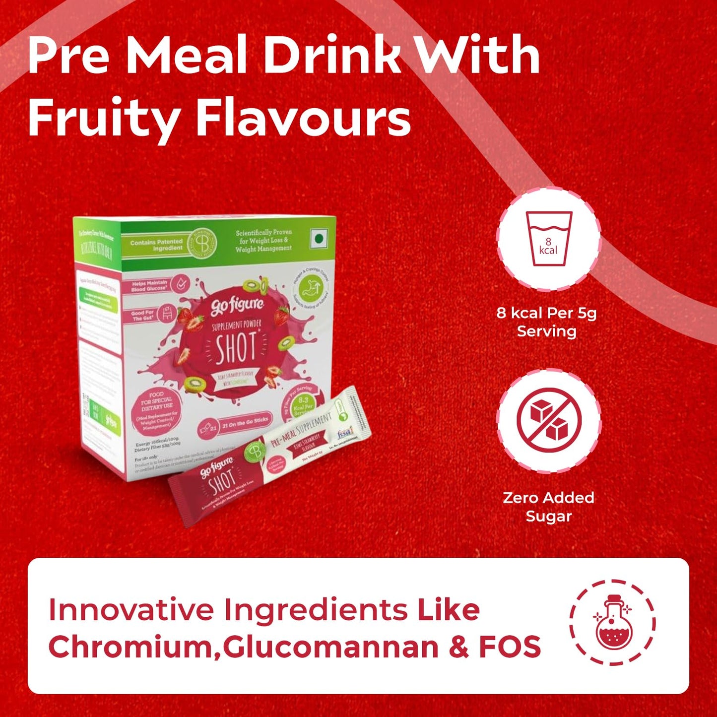 GoFigure Pre Meal Supplement Powder Shot Strawberry & Kiwi Flavor, 21 Sachets (5g Each) | With Slimbiome for Weight Loss & Weight Management, Metabolism Support | Appetite Control for Men & Women