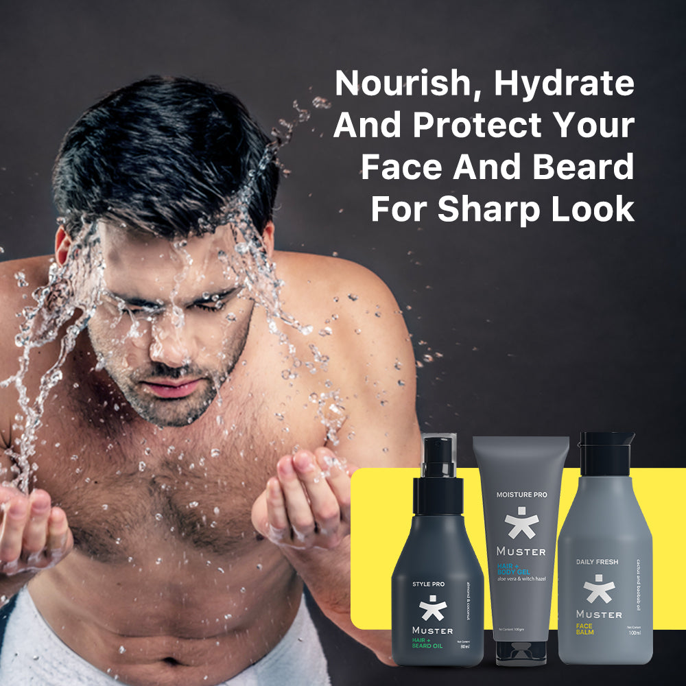 Muster Men Complete Grooming Set | Aloe Vera Hair & Body Gel | Deep Cleanse Shampoo & Conditioner | Anti-Odour Deo Stick | Daily Fresh Face Balm | Style Pro Hair & Beard Oil | Grooming Set for Men