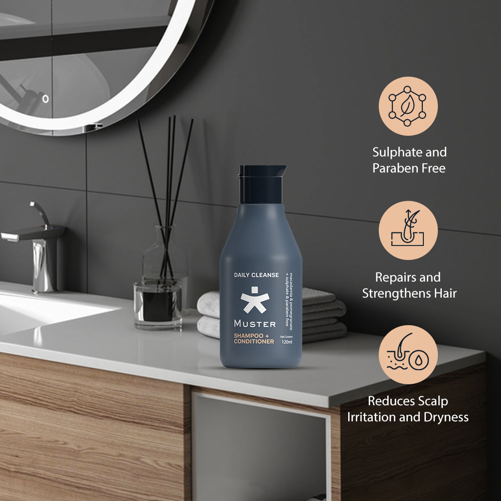 Muster Men Hair & Body Care Set | Aloe Vera Hair & Body Gel | Deep Cleanse Shampoo & Conditioner | Sulphate & Paraben Free | Gentle Care for Hair, Body, and Skin | Men Grooming Essentials