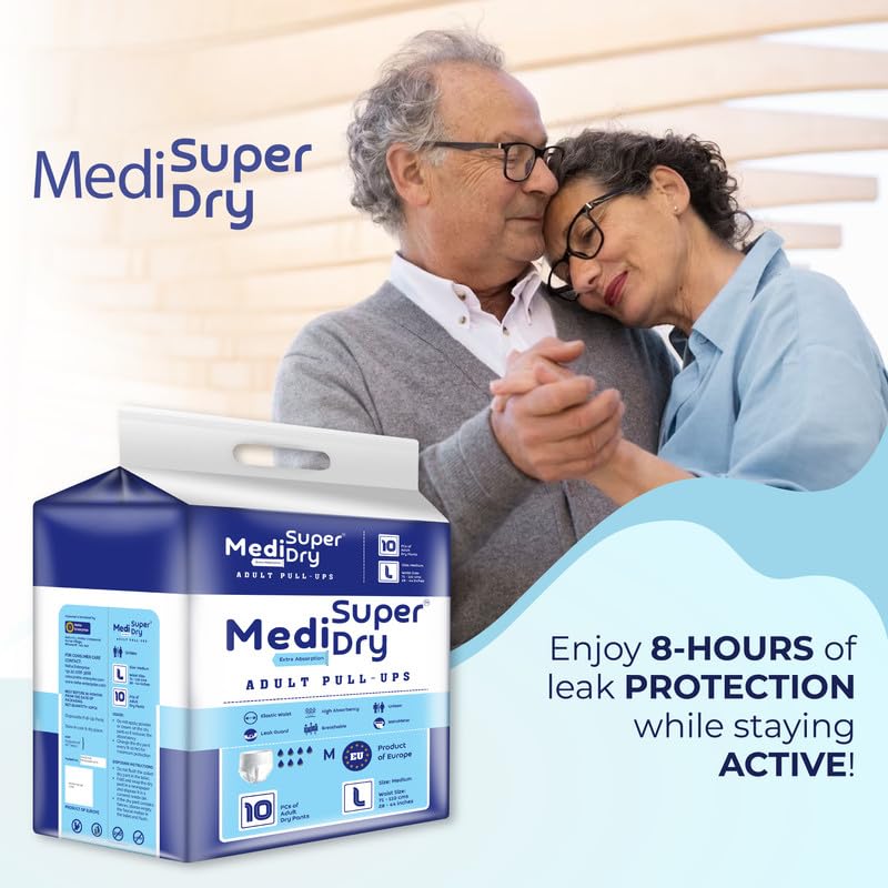 Medisuperdry Adult Diaper Pants | Large (L) |Waist 101-152 cm (40-60 inches) |High Absorbency -10 Hrs |Rash-Free |Leakproof |Breathable |Odourless |Elastic Waist |For Men & Women | 20 Units, Pack of 2
