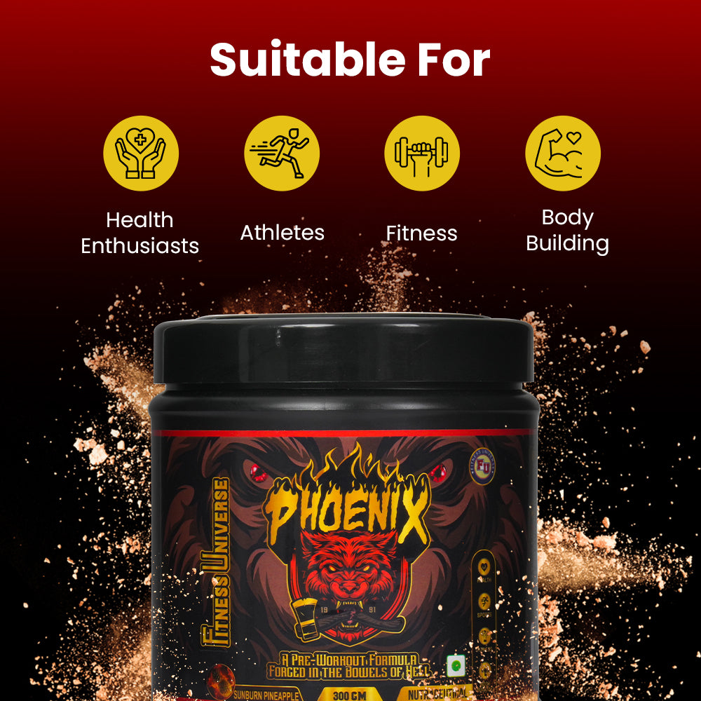 Fitness Universe Phoenix Pre-Workout Supplement | Sunburn Pineapple | 300g | 30 Servings | With Creatine Monohydrate & Beta-Alanine | Contains Natural Caffeine