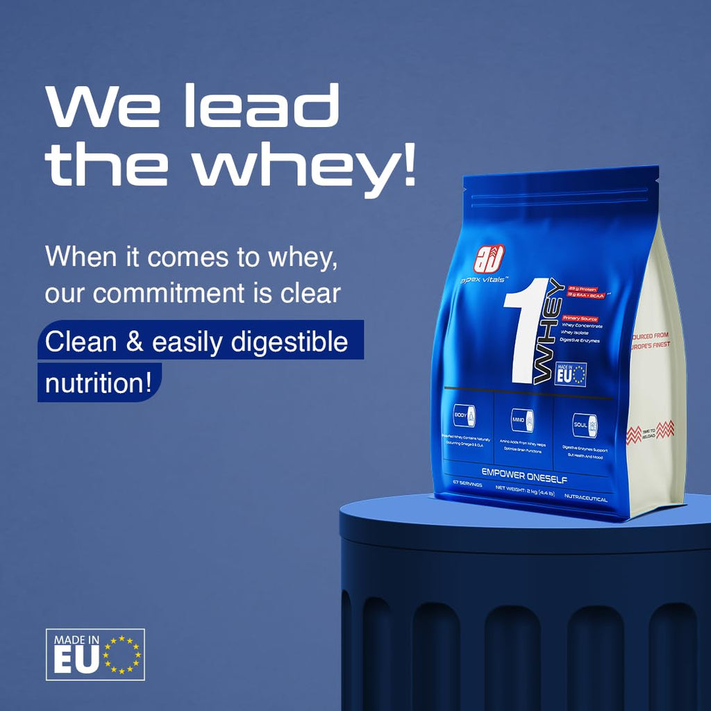 Apex Vitals 1 Whey | Grass-Fed Whey | Made In Europe | FDA,EFSA & FSSAI Certified | 23g Protein, 13g EAA+BCAA | Concentrate 60%, Isolate 40%,Digestive Enzymes | 2Kg-67 Ser-French Vanilla