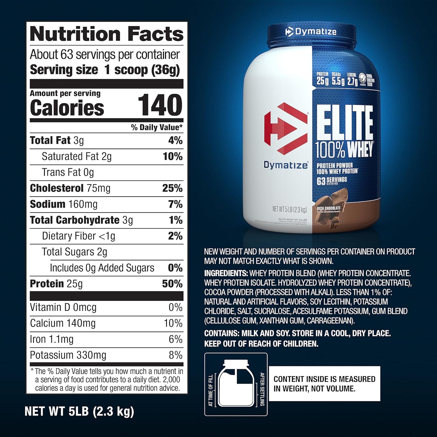 Dymatize Nutrition Elite Whey Protein Supplement Powder, Pre and Post Workout Protein Powder (5 lbs, 2.26 kg, Rich Chocolate)