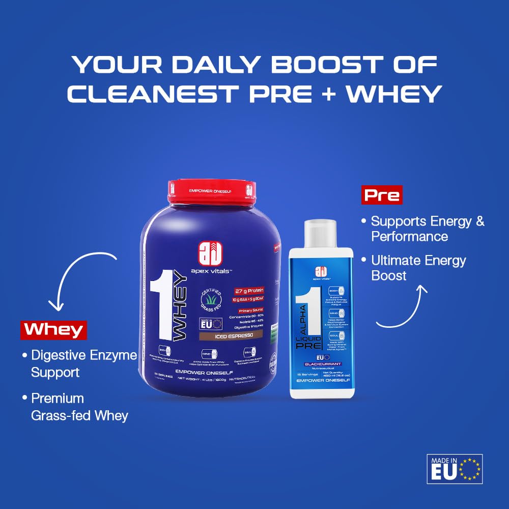 Apex Vitals - 1 Whey Protein Blend 4 lbs + Alpha 1 Pre-Workout Combo | Grass-Fed Protein Powder | Mohai Ignes Mineral Water | Muscle Strength & Recovery | Iced Espresso (4lbs)