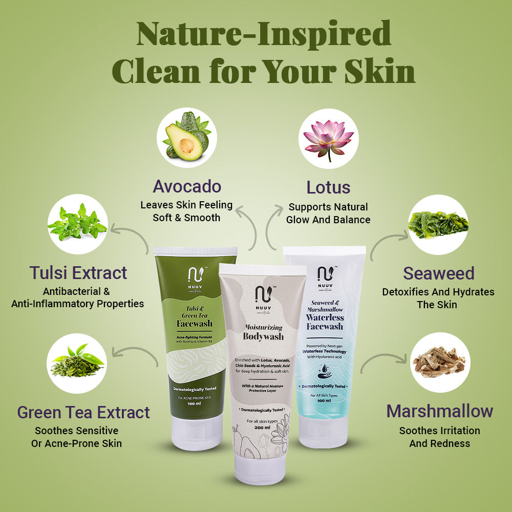 Nuuv Essential Combo - Tulsi & Green Tea Facewash | Moisturizing Bodywash | Waterless Facewash | Hydra Glow Trio | Vegan | Paraben-Free | For All Skin Types | 100ml + 200ml + 100ml