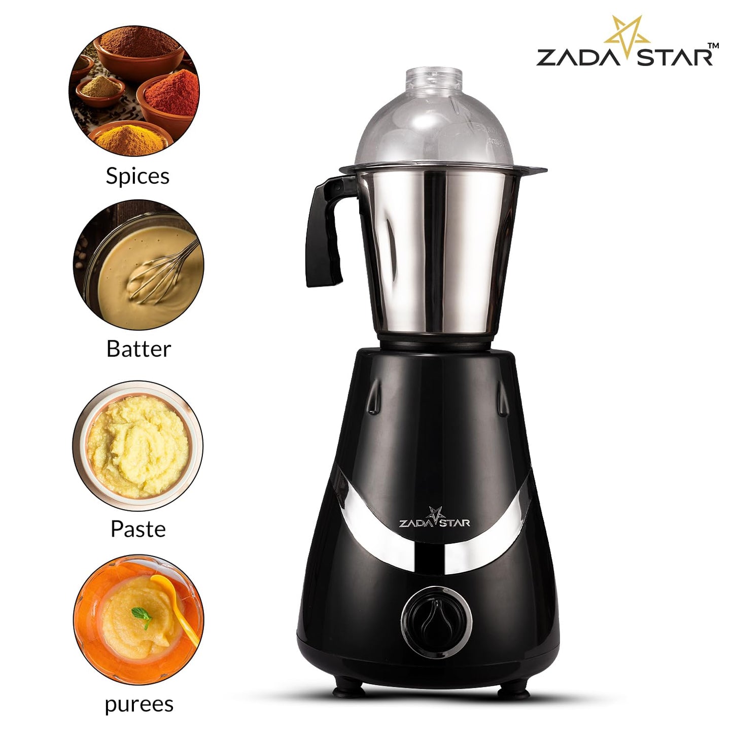 ZADASTAR ZS LUSTRA 550W Mixer Grinder | 3 Jars | Black and Silver | Overload Protection | 1 Year Replacement Warranty