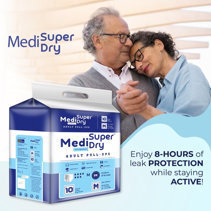 Medisuperdry Adult Diaper Pants | Medium (M) |Waist 71-110 cm (28-44 inches) |High Absorbency -10 Hrs |Rash-Free |Leakproof |Breathable |Odourless |Elastic Waist |For Men & Women 100 Units, Pack of 10