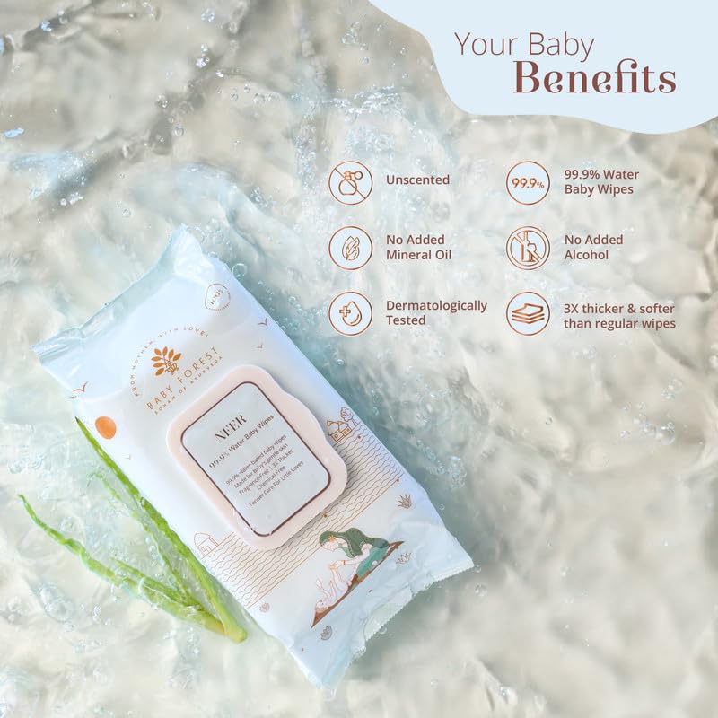 Baby Forest Neer 99.9% Water Baby Wipes- Pack of 3 | Ideal for 0 Plus Months | No Added Fragrance | Cruelty-Free | Plant-Based Formulations | Pack of 3 Wipes | Dermatologically Tested