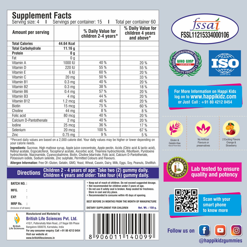Happi Kidz Multivitamin Gummies For Kids - (60 Count Gummy Bears) - with 16 essential vitamins and minerals - Supports Growth and Immunity -Orange & Strawberry - Children above 2 years - British Lifesciences
