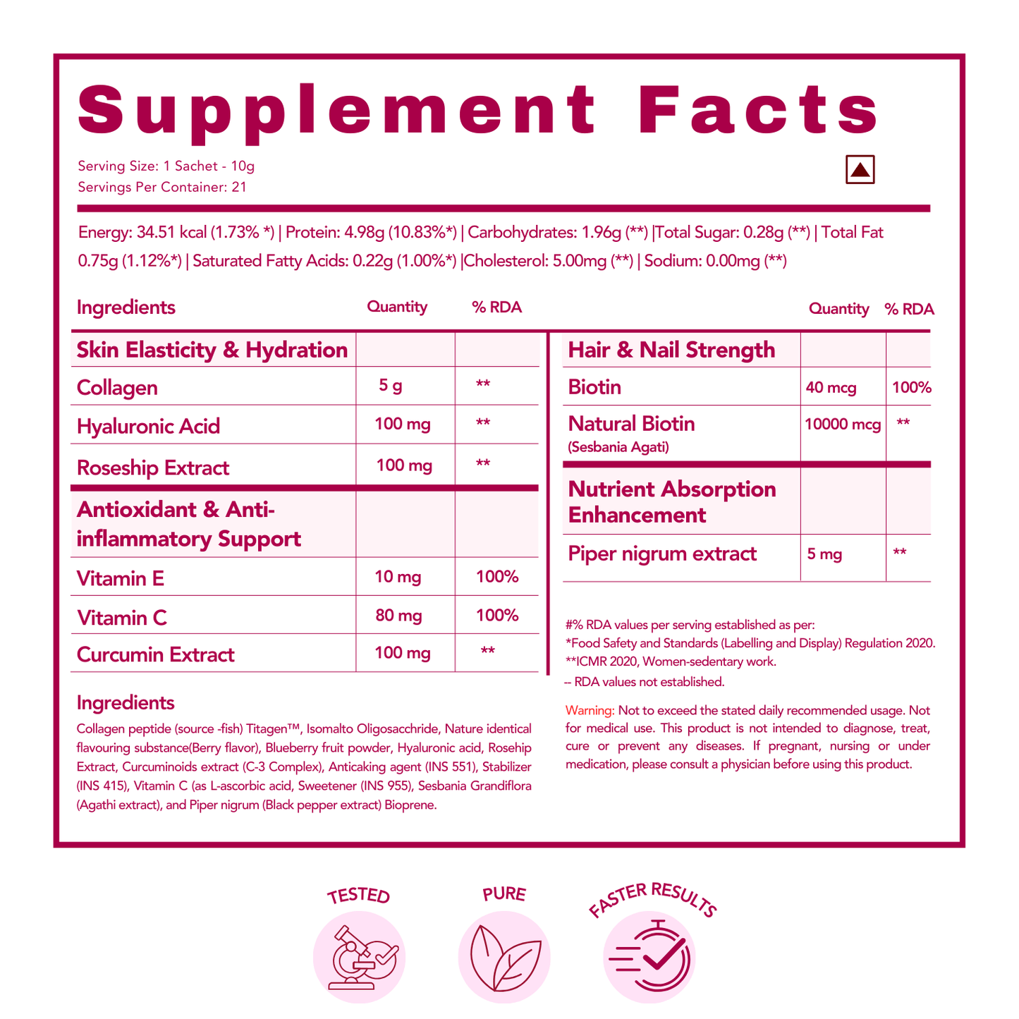 WishNew Wellness BEAUTY COLLAGEN COMPLEX, 21 Servings | Berry Flavor | Nourishment for Healthy Hair, Skin & Nails | 1 Sachet (10g) Daily Pack of 2