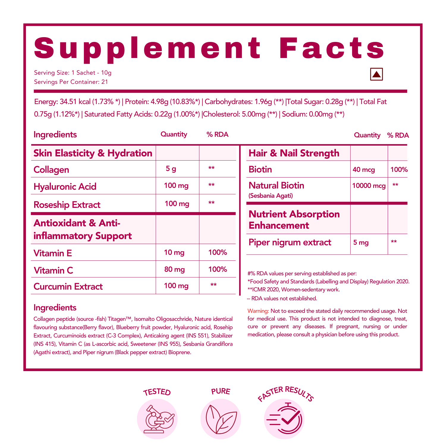 WishNew Wellness BEAUTY COLLAGEN COMPLEX, 21 Servings | Berry Flavor | Nourishment for Healthy Hair, Skin & Nails | 1 Sachet (10g) Daily Pack of 2