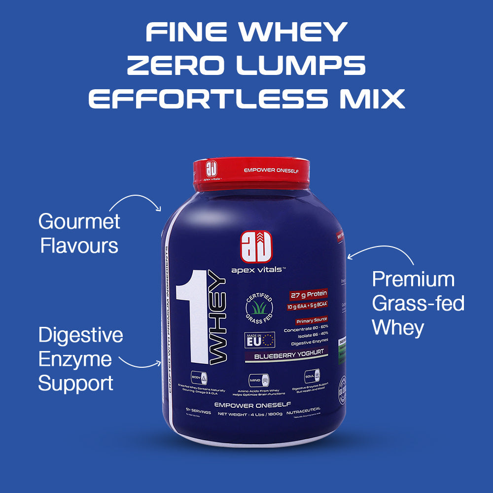 Apex Vitals 1 Whey - Grass-Fed Whey | 27g Protein, 10g EAA + 5g BCAA | Concentrate 80-60%, Isolate 86-40%, Digestive Enzymes | FDA, EFSA & FSSAI Certified|Blueberry Yogurt - 4lbs