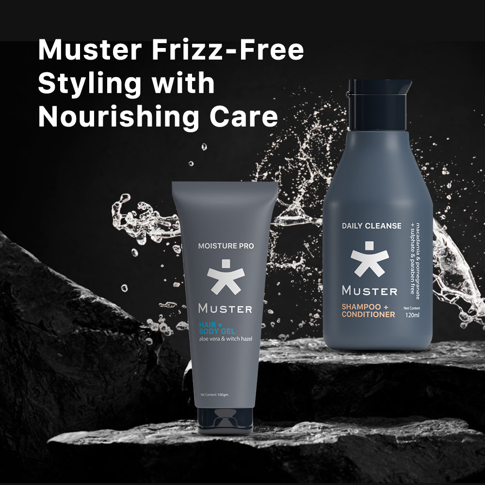 Muster Men Hair & Body Care Set | Aloe Vera Hair & Body Gel | Deep Cleanse Shampoo & Conditioner | Sulphate & Paraben Free | Gentle Care for Hair, Body, and Skin | Men Grooming Essentials