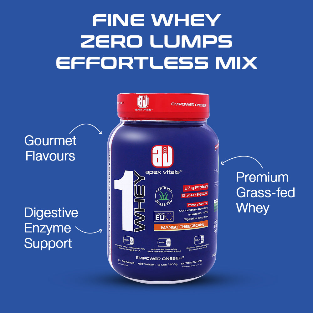Apex Vitals 1 Whey|Grass-Fed Whey|Made In Europe|FDA,EFSA & FSSAI Certified|27g Protein, 10g EAA+ 5g BCAA|Concentrate 80-60%, Isolate 86-40%,Digestive Enzymes|2lbs (900g)-25+ Ser- Mango Cheesecake