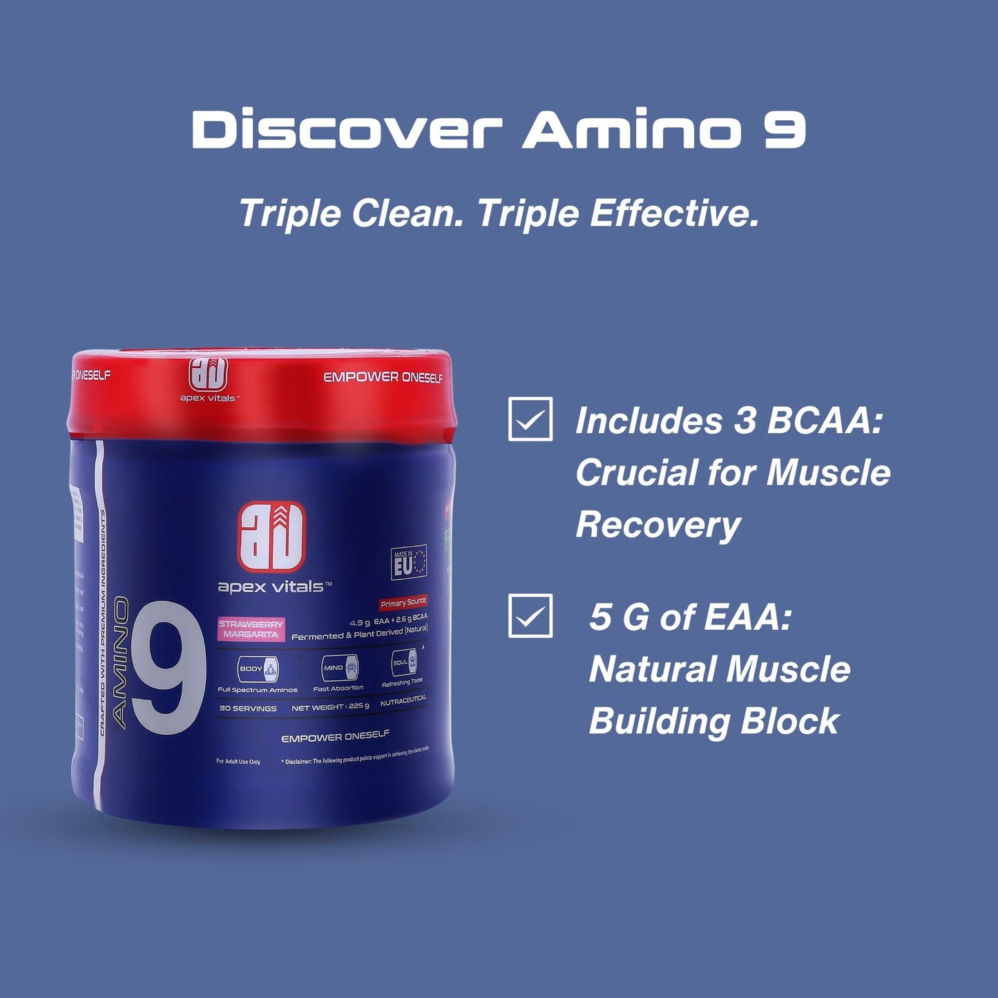 Apex Vitals Amino 9 | All 9 essential amino acids | Pre/Intra Workout Supplement | 4.9g EAA+2.6g BCAA | Natural & Fermented Plant Derived | 225g - 30 servings | Strawberry Margarita