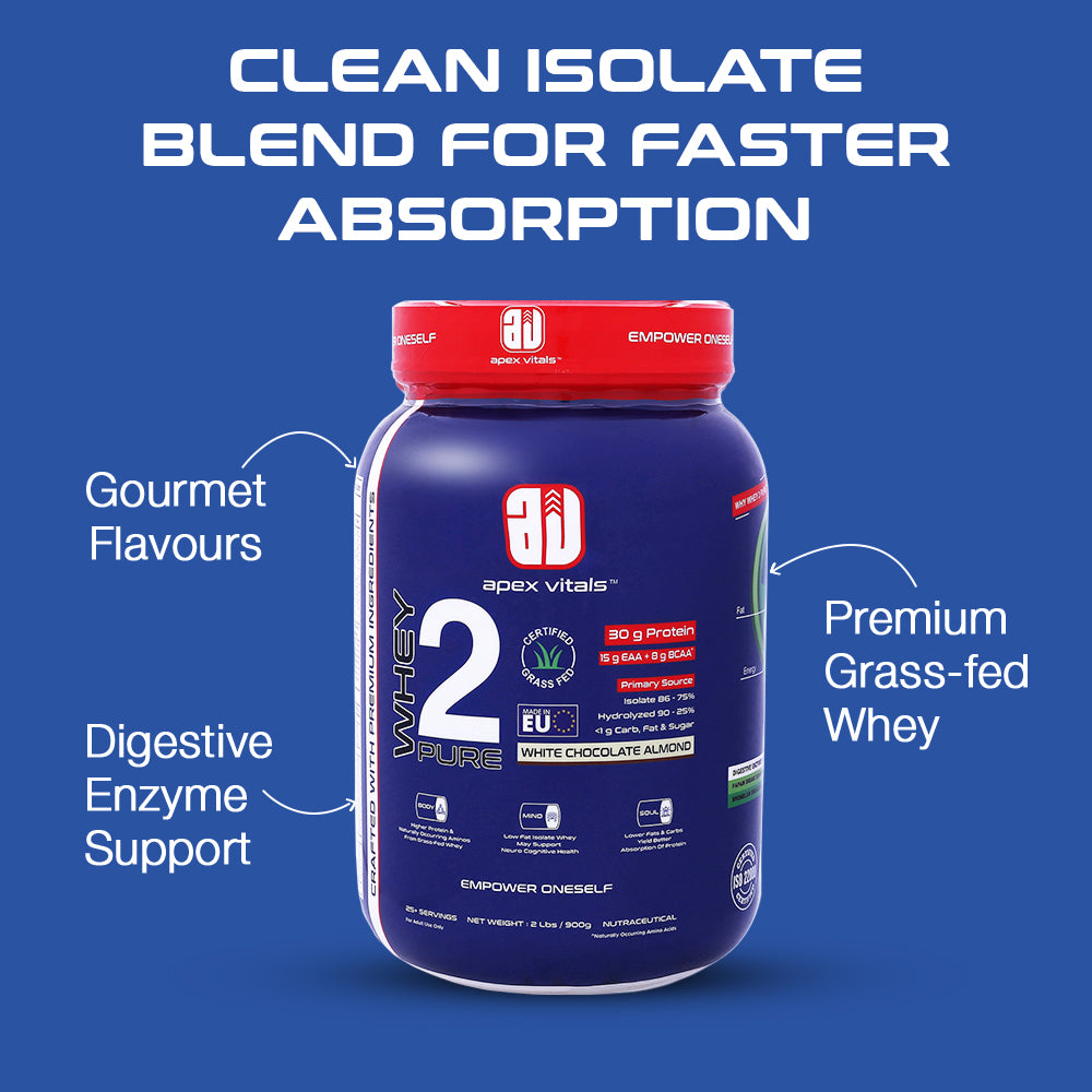 Apex Vitals Whey 2 Pure| Grass-fed Whey made in EU| Whey Isolate & Hydrolyzed| 30g protein,15g EAA+8g BCAA| Digestive Enzymes| Muscle Build & Recovery|900gm(2lbs) -25+ Ser| White Chocolate Almond