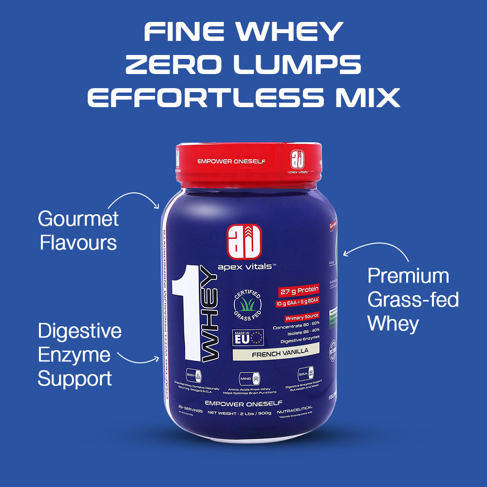 Apex Vitals 1 Whey|Grass-Fed Whey|Made In Europe|FDA,EFSA & FSSAI Certified|27g Protein, 10g EAA+ 5g BCAA|Concentrate 80-60%, Isolate 86-40%,Digestive Enzymes|2lbs (900g)-25+ Ser- French Vanilla