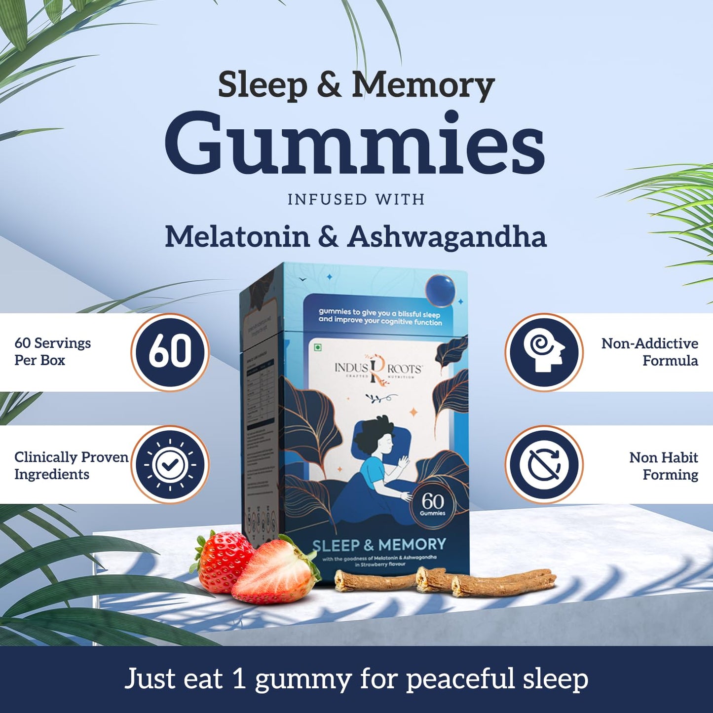 Indus RootsSleep and Memory Gummy - Melatonin 5mg and Ashwagandha Supplement 60 N