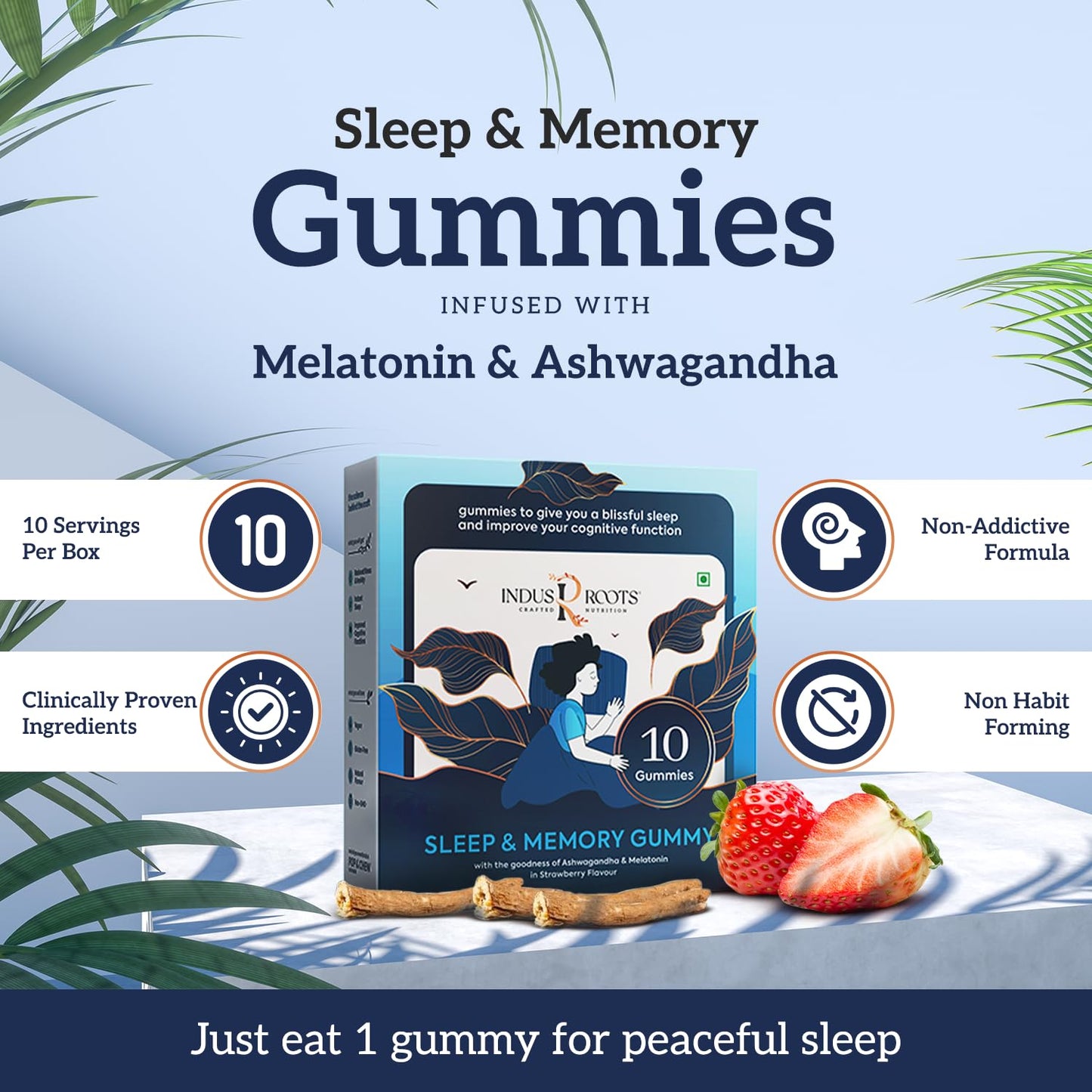 Indus Roots Sleep and Memory Gummy - Melatonin 5mg and Ashwagandha Supplement 10 N