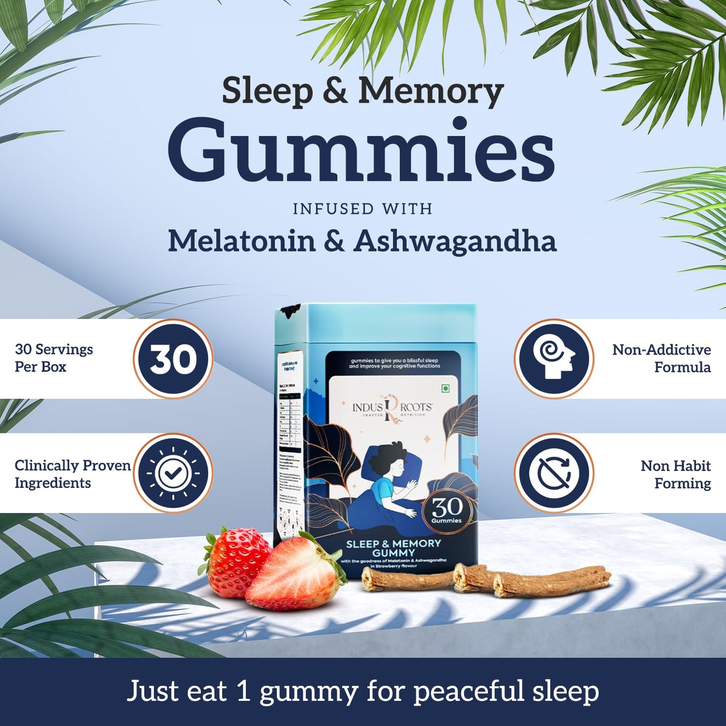 Indus Roots Sleep and Memory Gummy - Melatonin 5mg and Ashwagandha Supplement 30 N