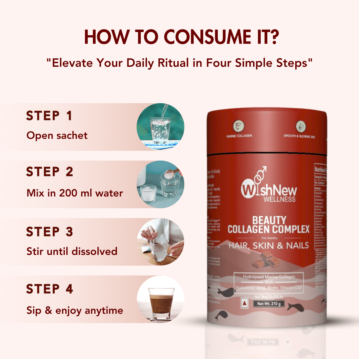 WishNew Wellness BEAUTY COLLAGEN COMPLEX | Enhanced Hair, Skin, Nails Health | 21 Servings of Nutrient-Rich Sachets | Hyaluronic Acid, Biotin, Vitamins C & E | Natural Chocolate Flavor Pack of 2