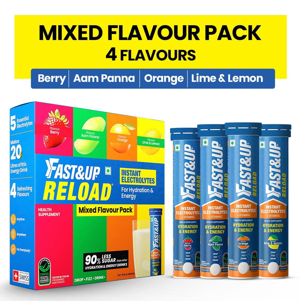 Fast&Up Reload (20 Liters) - (Berry, Aam Panna, Orange, Lime & Lemon)- Low Sugar energy drink for Instant Hydration - Effervescent Tablets with all 5 Essential Electrolytes + Added Vitamins.
