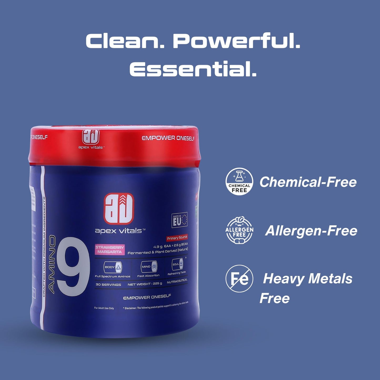 Apex Vitals Amino 9 | All 9 essential amino acids | Pre/Intra Workout Supplement | 4.9g EAA+2.6g BCAA | Natural & Fermented Plant Derived | 225g - 30 servings | Strawberry Margarita