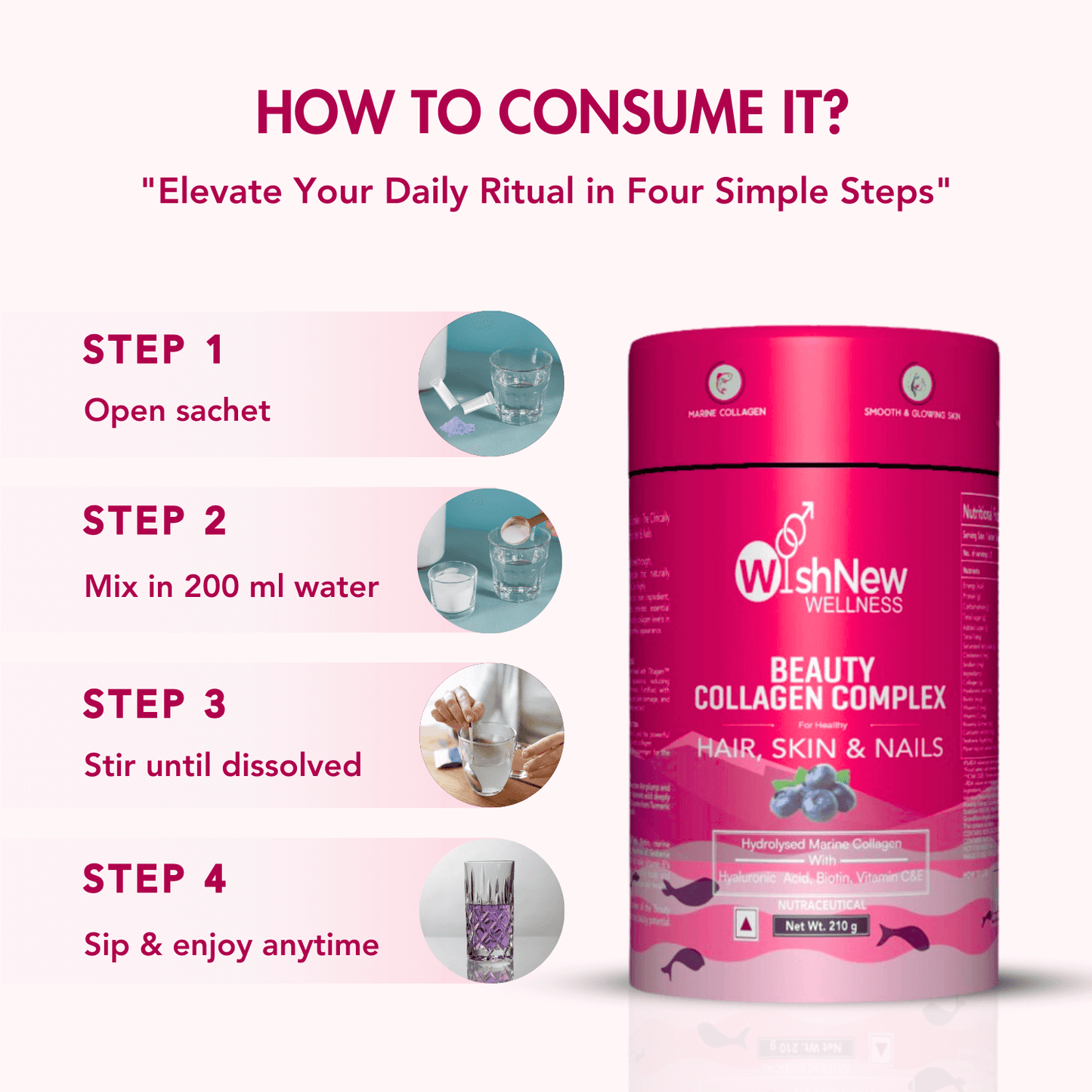 WishNew Wellness BEAUTY COLLAGEN COMPLEX, 21 Servings | Berry Flavor | Nourishment for Healthy Hair, Skin & Nails | 1 Sachet (10g) Daily Pack of 2