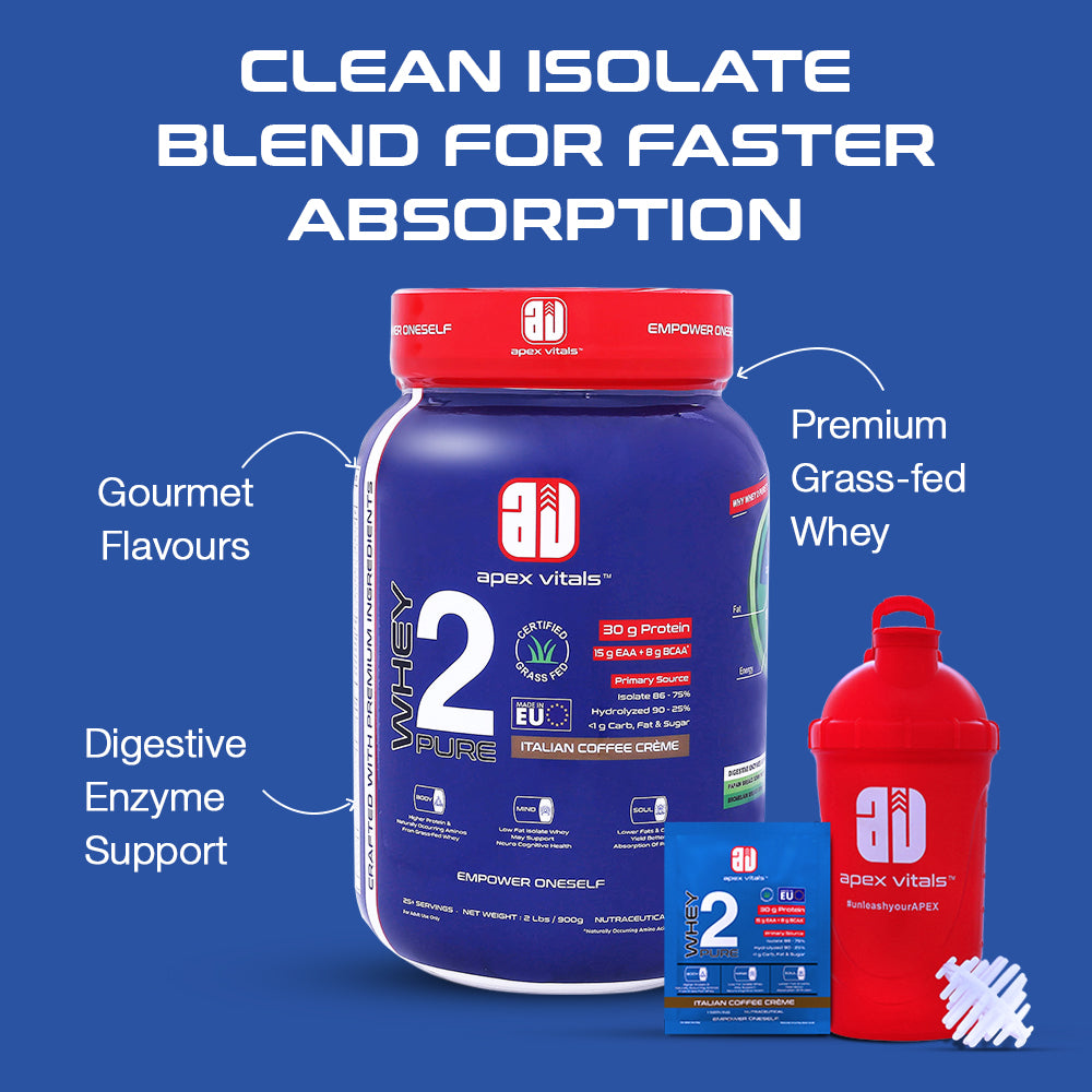 Apex Vitals Whey 2 Pure - Grass-Fed Whey Made in EU | Whey Isolate & Hydrolyzed | 30g Protein, 15g EAA, 8g BCAA | Digestive Enzymes | Muscle Build & Recovery |Italian Coffee Cream - 900g (2 lbs), Shakers, Samples