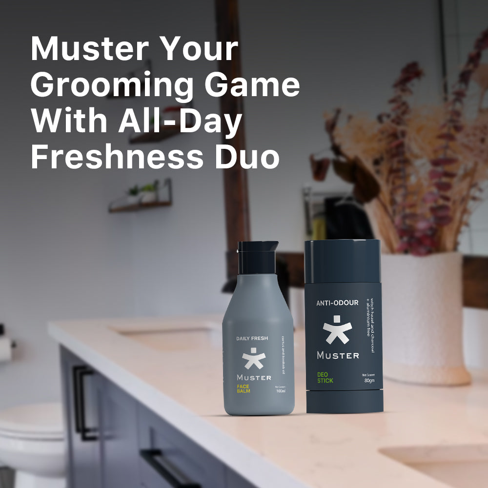 Muster Men Combo - Deo Stick & Face Balm | Aluminum-Free Deo Stick | Anti-Odour Formula | All-Day Freshness | Daily Fresh Face Balm | Post-Shave Care | Soothes Irritation | Gift Hamper for Men