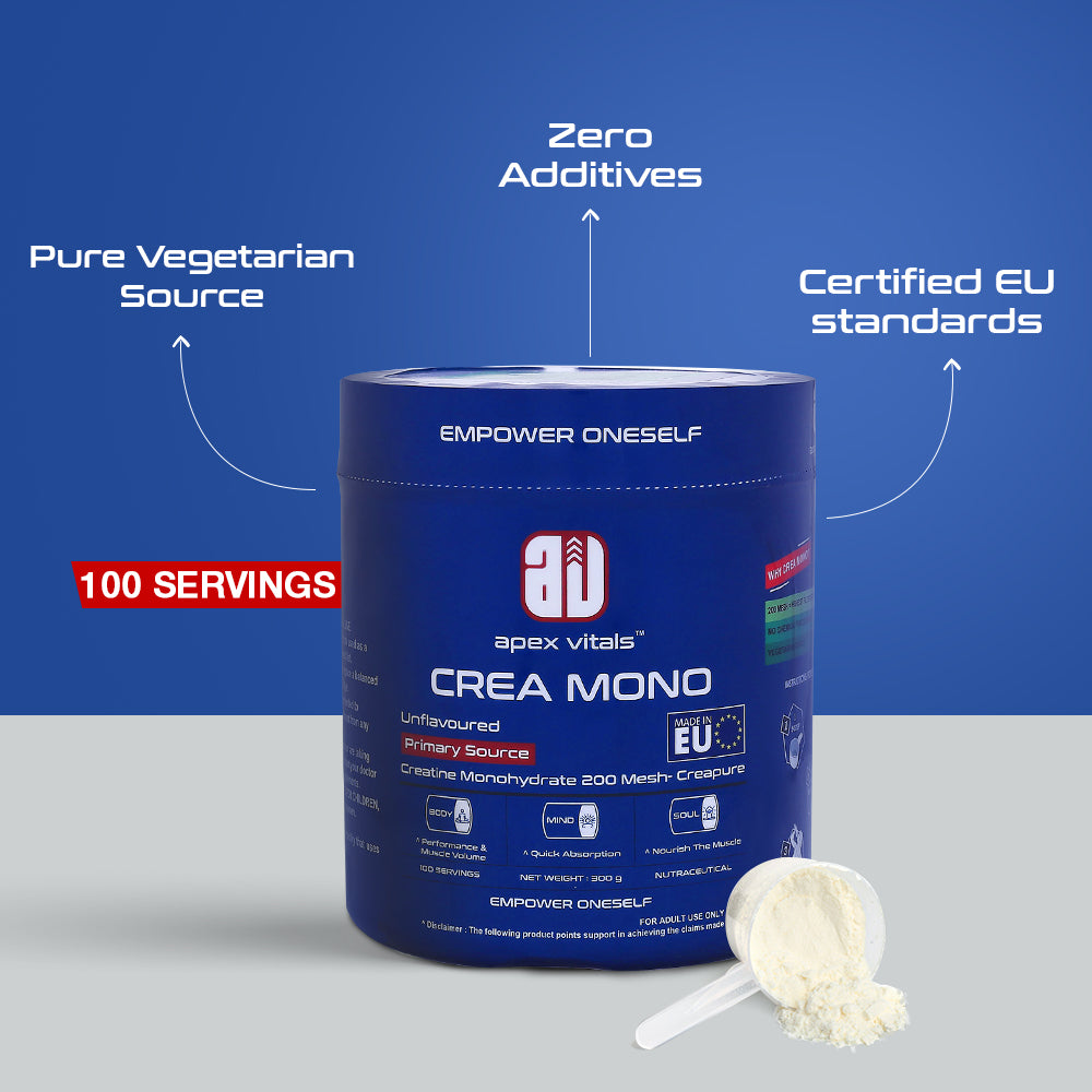Apex Vitals Crea Mono Micronized Creatine Monohydrate 300 G - 100 Ser | German Made | Pharma Grade | Made In Europe | FDA,EFSA & FSSAI Certified | 200 Mesh - Highest Filteration | Fermented & Vegetarian Source