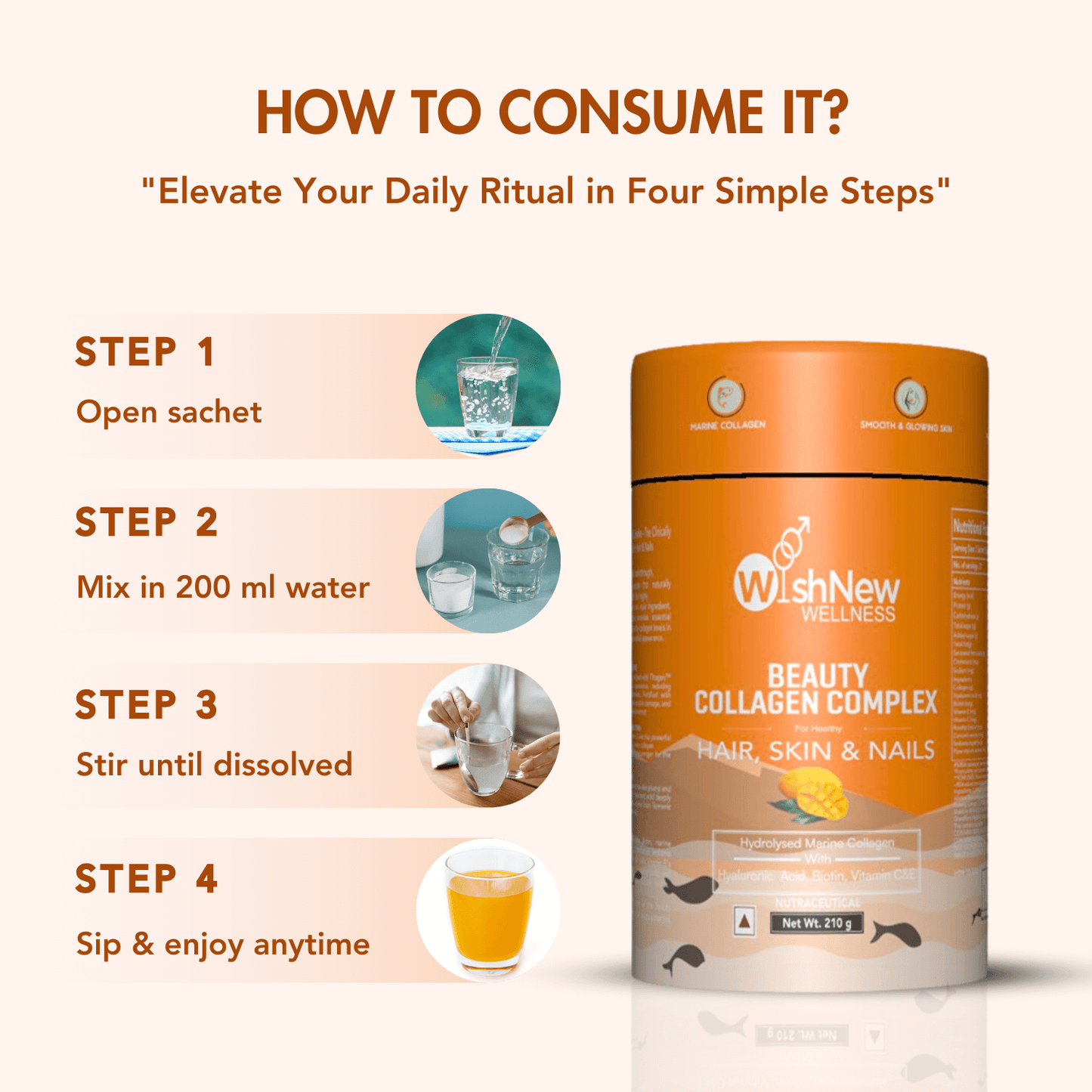 WishNew Wellness BEAUTY COLLAGEN COMPLEX | Radiant Hair, Skin & Nails | 21 Sachets with Collagen, Hyaluronic Acid, Biotin, Vitamins E & C, Rosehip & Curcumin Extracts | Enhanced Absorption Formula