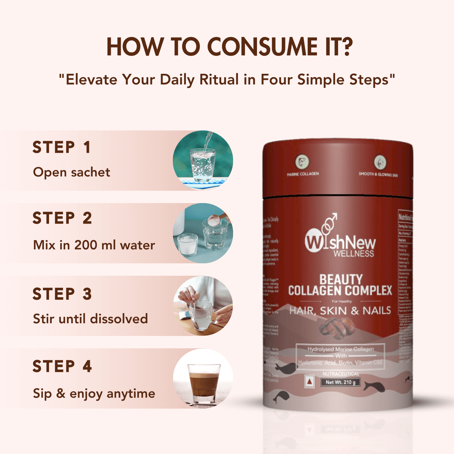 WishNew Wellness BEAUTY COLLAGEN COMPLEX | Radiant Skin, Lustrous Hair & Strong Nails | 21 Sachets with Collagen, Hyaluronic Acid, Biotin | Coffee Flavor | Natural Ingredients for Beauty Boost