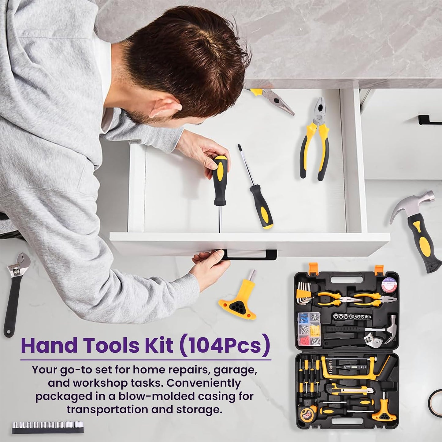 Asian Paints TruCare Hand Tools Kit (104 Pieces) for Household DIY & Emergency Maintenance | Compact & Portable set of Measuring Tape, Hammer, Plier, Wrench, Digital voltage tester, Screwdrivers