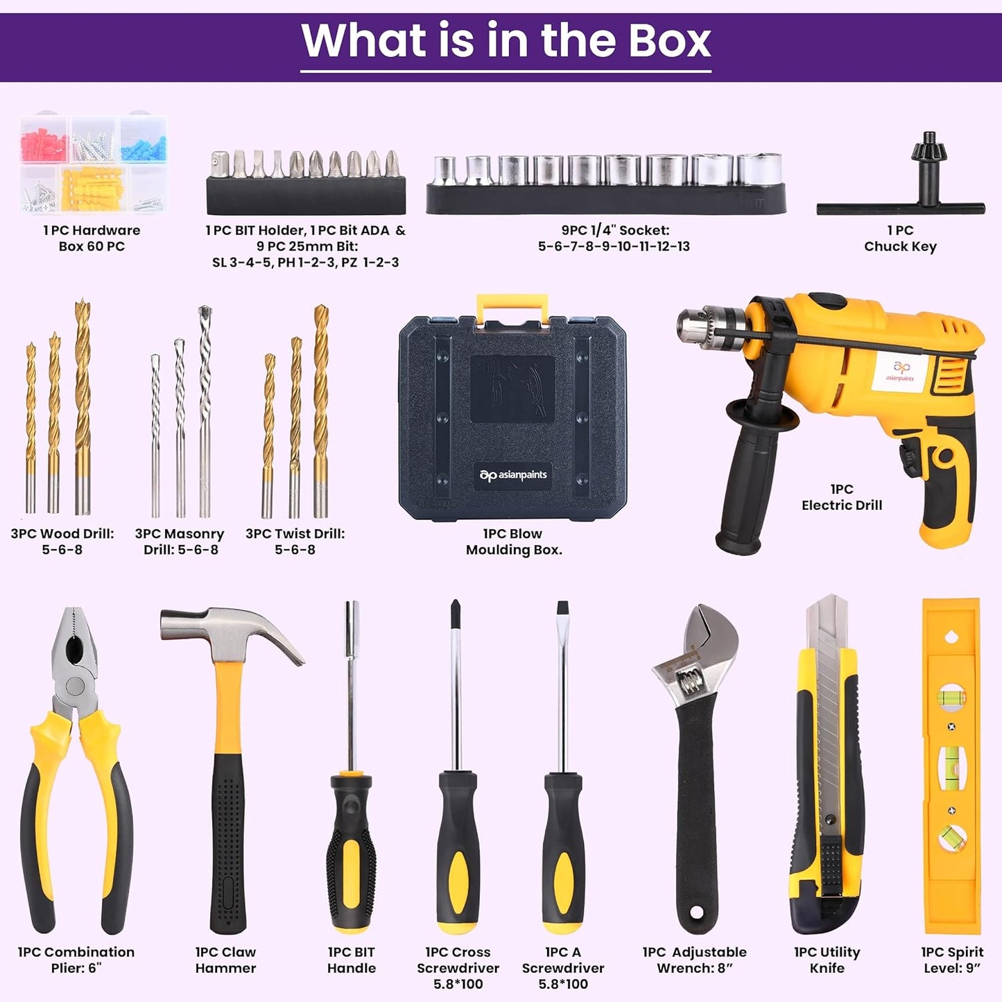 Asian Paints Corded Electric Professional Impact Drill Tool kit, 550 Watts, 2900 RPM, Chuck 10mm Machine Variable Speed, Forward/Reverse Rotation, Double Insulation, Improved Carbon Brush (160 Pcs)