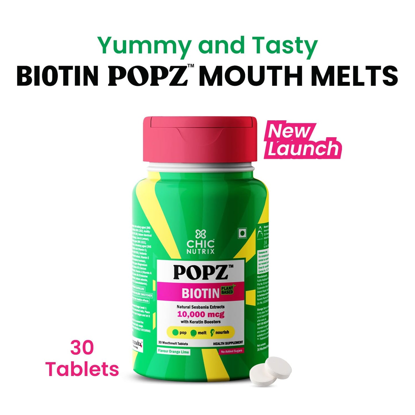 Chicnutrix Popz Biotin | 90 Mouth Meltz Tablets | 40mcg Biotin for stronger & Thicker Hair | Natural Sesbania Extract + 7 Keratin Boosters + Selenium