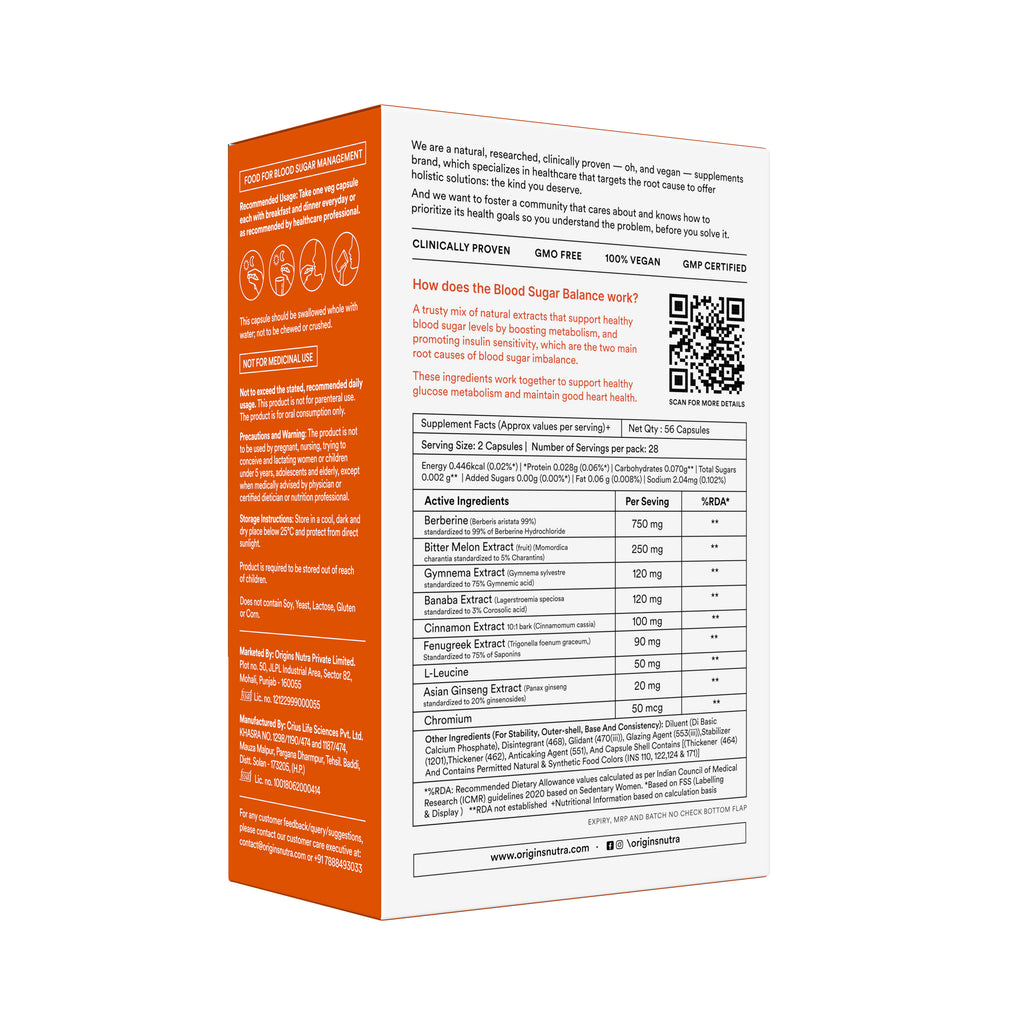Origins Nutra Blood Sugar Balance Capsules | Helps in Blood Sugar Level Balance, Aids in Insulin Sensitivity | Gymnema Extract & L-Leucine |GMP Certified | For Men & Women | 56 Capsules Pack of 3