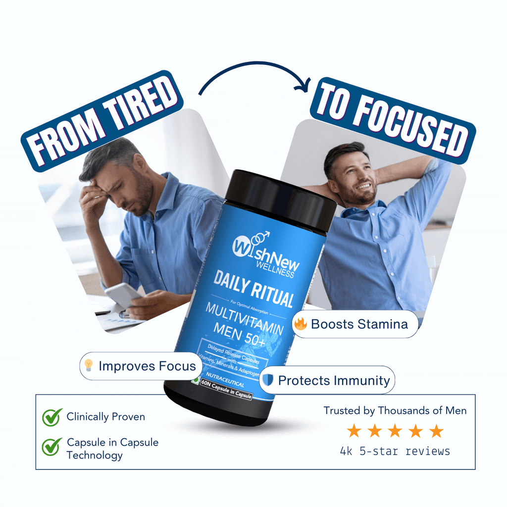 WishNew Wellness DAILY RITUAL Multivitamin for Men 50+ | Enhanced with MCT, Ashwagandha & Ginkgo | 60 Delayed Release Capsules for Optimal Wellbeing