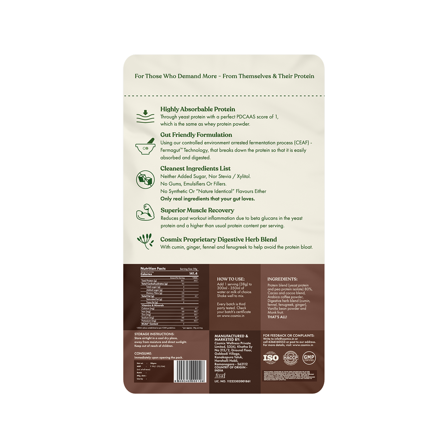 Cosmix No-Nonsense Plant Protein Pro | 26g Protein/Serve | Chikmagalur Mocha | Yeast Powered Plant-Based Protein | PDCAAS of 1 | Light On Gut, Superior Muscle Recovery - 38g (Pack of 1 Sachet)