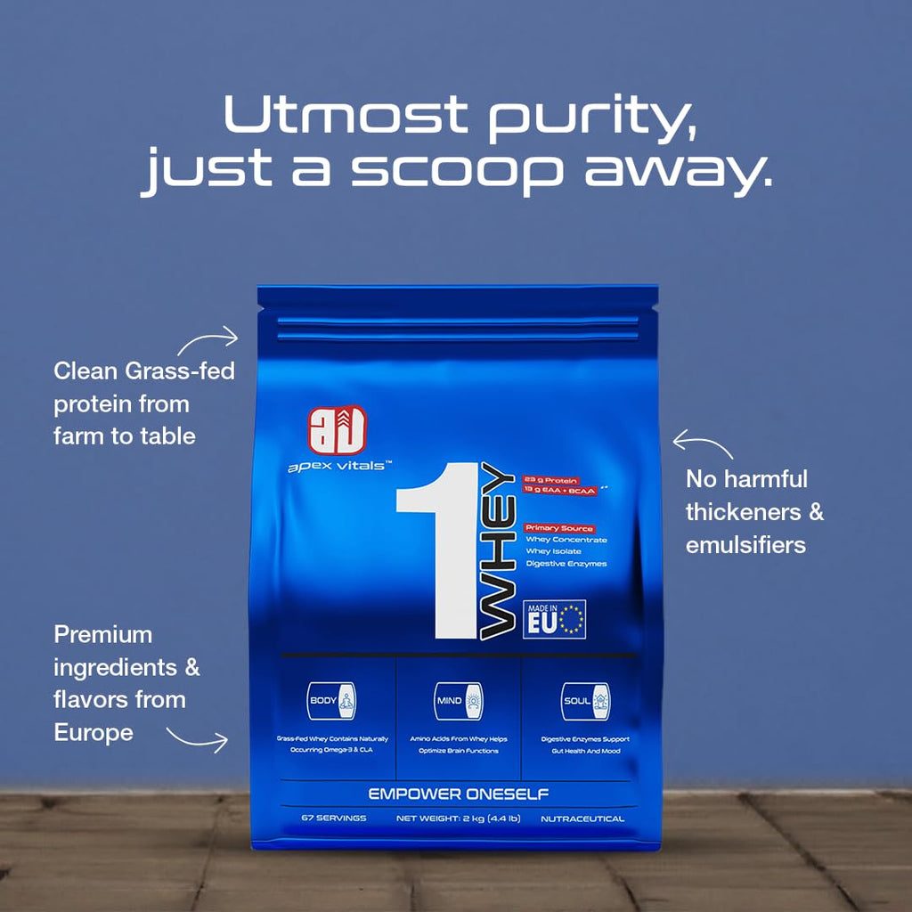 Apex Vitals 1 Whey |Grass-Fed Whey |Made In Europe |FDA,EFSA & FSSAI Certified |23g Protein, 13g EAA+BCAA |Concentrate 60%, Isolate 40%,Digestive Enzymes |2Kg-67 Ser-Iced Espresso
