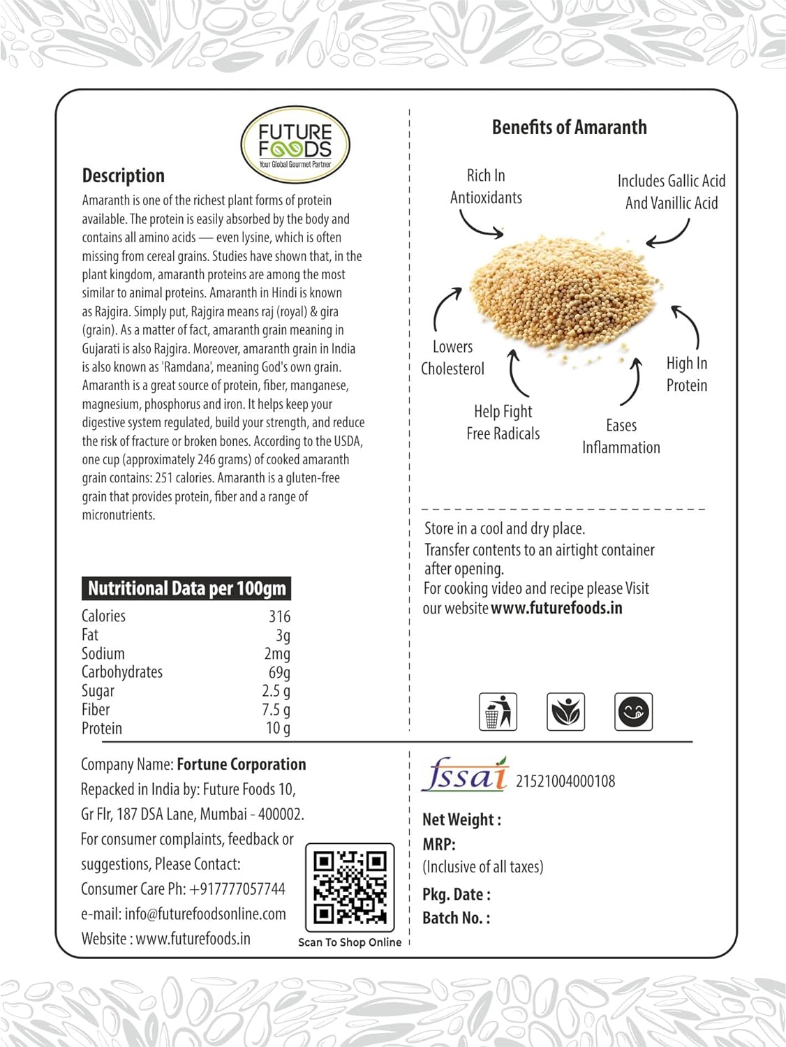 Future Foods Premium Rajgira/Amaranth Flour | Ramdana | Gluten Free | Micro-Nutrients Rich | High Protein & Fiber | Lowers Cholesterol | Rich in Antioxidants | Ideal for Halwa, Chikki & Ladoo | 450g