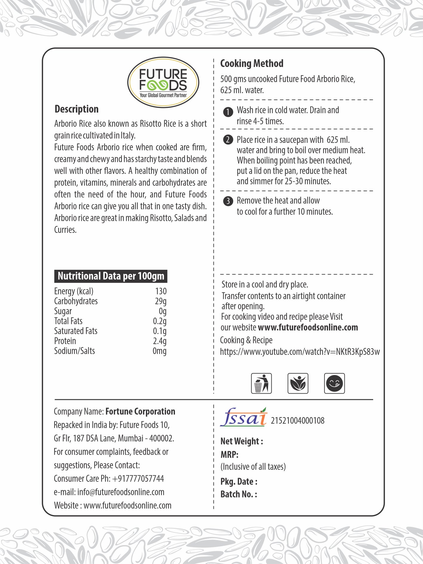 Future Foods Arborio Rice | Fat Free | Creamy Texture & Nutty Aroma | | Rich in Vitamin & Minerals | Product of Italy | Use to make Rissotto | 900g