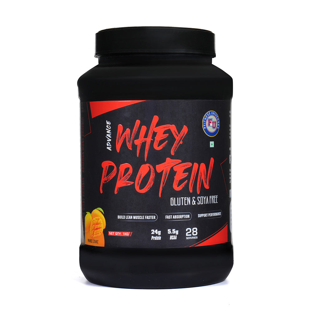 Fitness Universe Advance Whey Protein 1Kg | Mango Shake | 24g Protein | 5g BCAA | With Digestive Enzyme Blend | Gluten & Soya Free | Natural Identical flavour | 28 Servings