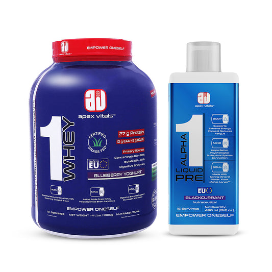 Apex Vitals - 1 Whey Protein Blend 4 lbs + Alpha 1 Pre-Workout Combo | Grass-Fed Protein Powder | Mohai Ignes Mineral Water | Muscle Strength & Recovery | Blueberry Yoghurt (4lbs)