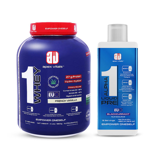 Apex Vitals - 1 Whey Protein Blend 4 lbs + Alpha 1 Pre-Workout Combo | Grass-Fed Protein Powder | Mohai Ignes Mineral Water | Muscle Strength & Recovery | French Vanilla (4lbs)