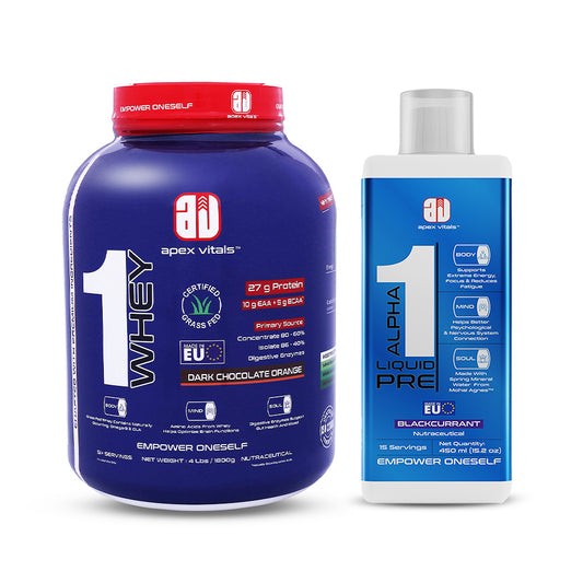 Apex Vitals - 1 Whey Protein Blend 4 lbs + Alpha 1 Pre-Workout Combo | Grass-Fed Protein Powder | Mohai Ignes Mineral Water | Muscle Strength & Recovery | Dark Chocolate Orange (4lbs)