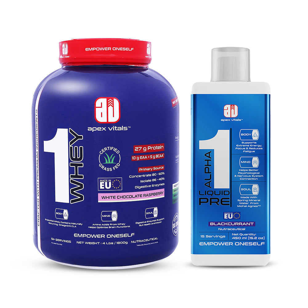 Apex Vitals - 1 Whey Protein Blend 4 lbs + Alpha 1 Pre-Workout Combo | Grass-Fed Protein Powder | Mohai Ignes Mineral Water | Muscle Strength & Recovery | White Chocolate Raspberry (4lbs)