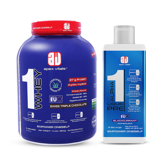 Apex Vitals - 1 Whey Protein Blend 4 lbs + Alpha 1 Pre-Workout Combo | Grass-Fed Protein Powder | Mohai Ignes Mineral Water | Muscle Strength & Recovery | Swiss Triple Chocolate (4lbs)
